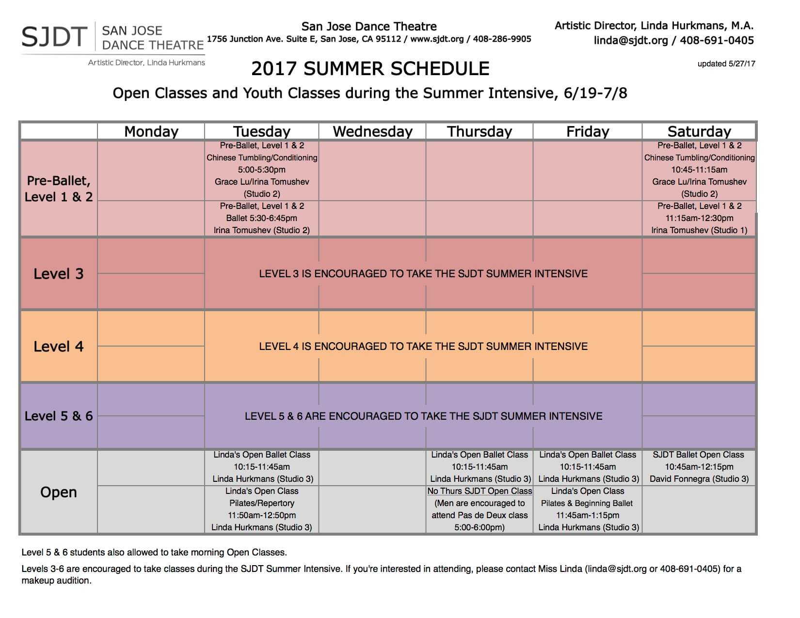 Summer Class Schedule | San Jose Dance Theatre